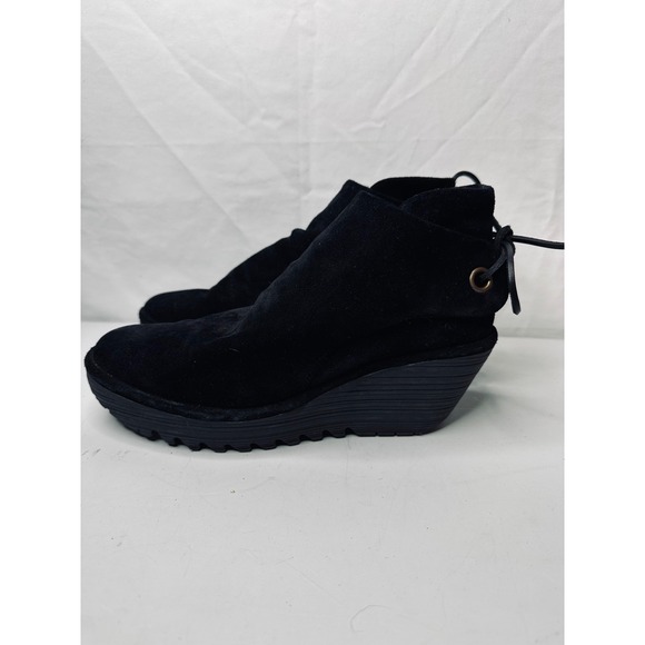 FLY LONDON Black Suede Wedge Ankle Boots Womens Lace Up Side Zip - Picture 4 of 6